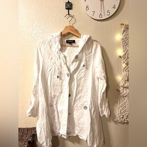 Jones New York White Hooded Button-Up Linen Coat